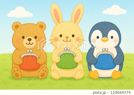 ノートと財布を持つかわいい動物たちのイラスト 128084374