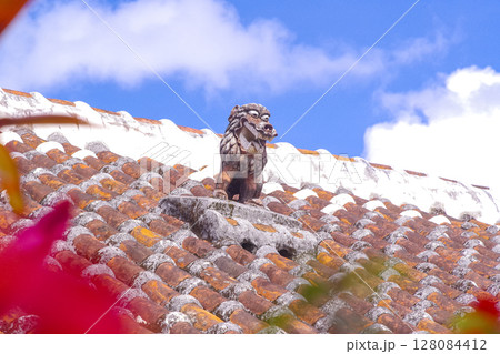 沖縄伝統の赤瓦屋根とシーサー 128084412