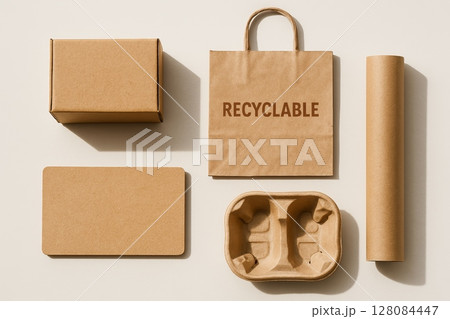 Set of recyclable cardboard packaging items on beige background, eco friendly mockup for branding and design 128084447