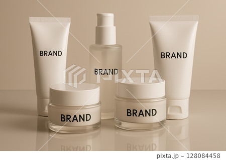 Set of skincare product mockups with brand label on beige background. Cosmetic packaging for beauty branding and presentation 128084458