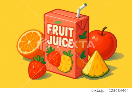 Cartoon fruit juice box with orange, apple, strawberry, and pineapple on yellow background 128084464