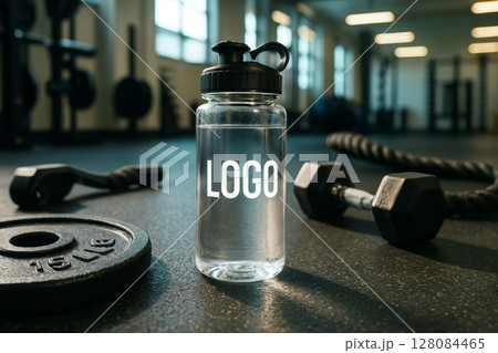 Transparent water bottle with logo mockup on gym floor with dumbbell, rope, and weight plate in background 128084465