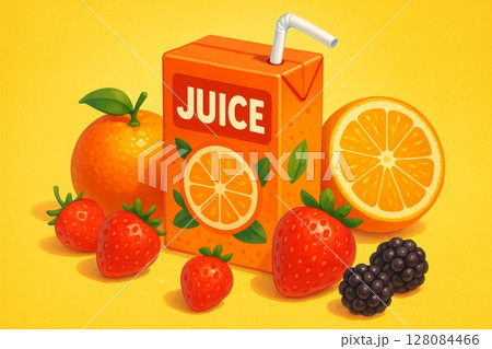 Cartoon orange juice box with strawberries, blackberries, and citrus fruits on yellow background 128084466