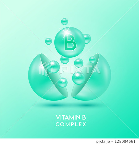 Vitamin B complex and Minerals float out of the capsule isolated on green background. Dietary supplement for pharmacy advertisement, package design. Vector EPS10. 128084661