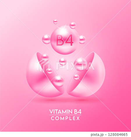 Vitamin B4 complex and Minerals float out of the capsule isolated on pink background. Dietary supplement for pharmacy advertisement, package design. Vector EPS10. 128084665