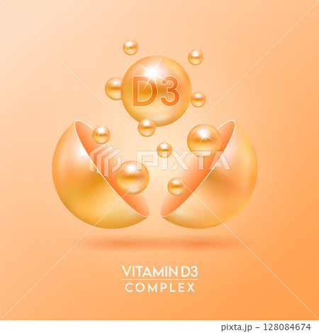 Orange vitamin D2 complex and Minerals float out of the capsule isolated on red background. Dietary supplement for pharmacy advertisement, package design. Vector EPS10. 128084674