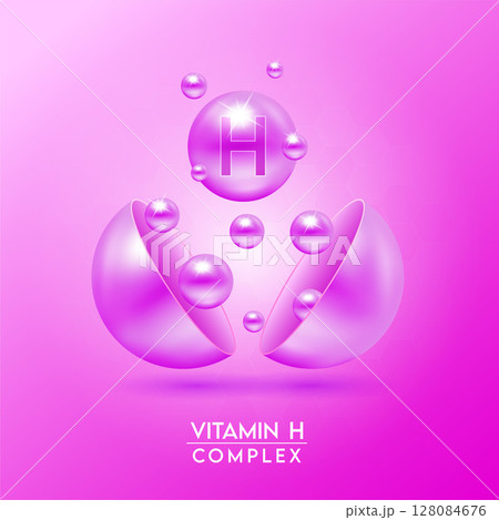 Purple vitamin H complex and Minerals float out of the capsule isolated on red background. Dietary supplement for pharmacy advertisement, package design. Vector EPS10. 128084676