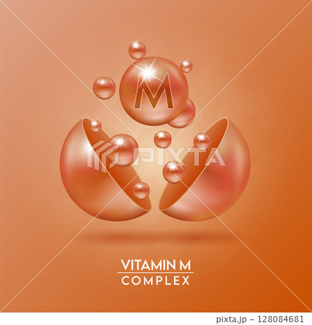 Vitamin M complex and Minerals float out of the capsule isolated on red background. Dietary supplement for pharmacy advertisement, package design. Vector EPS10. 128084681