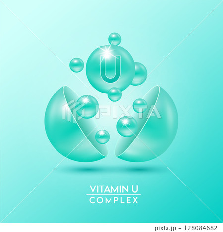 Blue vitamin U complex and Minerals float out of the capsule isolated on red background. Dietary supplement for pharmacy advertisement, package design. Vector EPS10. Blue vitamin U complex and Minerals float out of the capsule isolated on red background. Dietary supplement for pharmacy advertisement, package design. Vector EPS10. 128084682