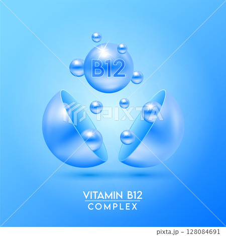 Blue vitamin B12 complex and Minerals float out of the capsule isolated on dark background. Dietary supplement for pharmacy advertisement, package design. Vector EPS10. 128084691