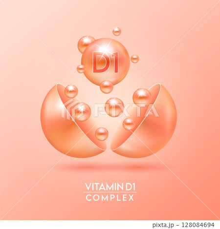 Orange vitamin D1 complex and Minerals float out of the capsule isolated on dark background. Dietary supplement for pharmacy advertisement, package design. Vector EPS10. 128084694