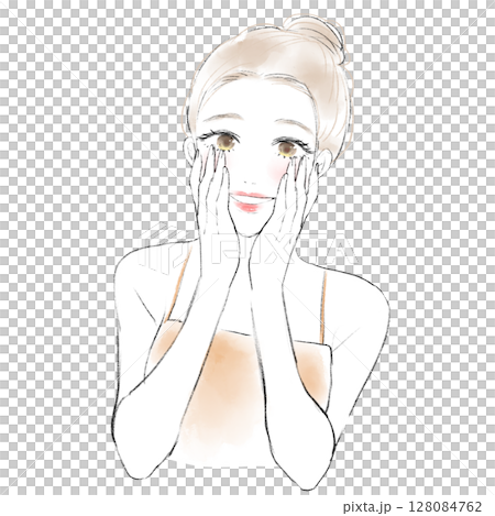両手でハンドプレスをする笑顔の女性のイラスト　美容 128084762