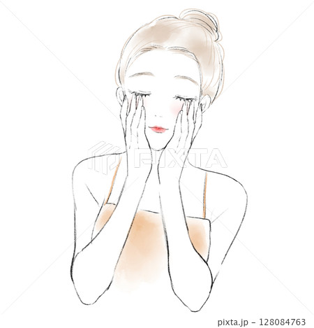 両手でハンドプレスをする伏目がちの女性のイラスト　美容 128084763