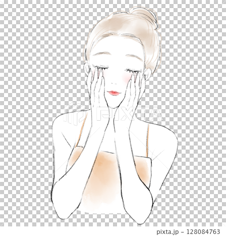 一位女士低頭用雙手按壓的插圖 128084763