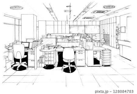 漫画風ペン画イラスト オフィス街_室内 漫画風ペン画イラスト オフィス街_室内 128084783
