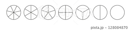Pie chart template from 1 to 7. Collection of pizza charts. Diagram wheels. Set of segmented round charts. Pie chart template from 1 to 7. Collection of pizza charts. Diagram wheels. Set of segmented round charts. 128084870