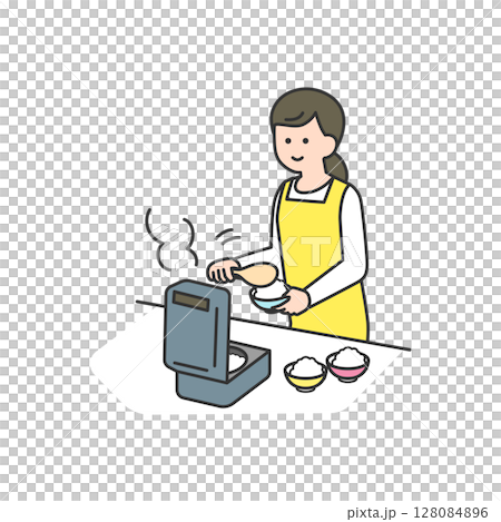 一位女士正在用電鍋盛飯 128084896