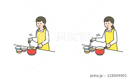 スープを鍋からスープ皿に注ぐ女性 スープを鍋からスープ皿に注ぐ女性 128084903