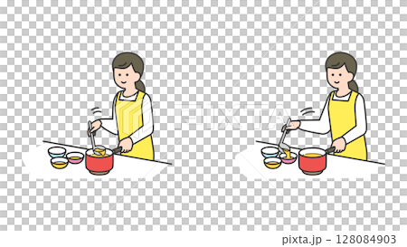 スープを鍋からスープ皿に注ぐ女性 スープを鍋からスープ皿に注ぐ女性 128084903