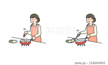キッチンで目玉焼きを作る女性 キッチンで目玉焼きを作る女性 128084905