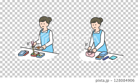 一位女士正在做兩人份的午餐 128084906