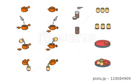 緑茶　急須と湯飲みなどの道具イラストセット 128084909