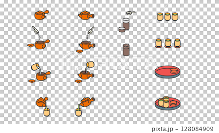 緑茶　急須と湯飲みなどの道具イラストセット 128084909