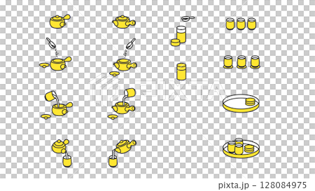 緑茶　急須と湯飲みなどの道具イラストセット 128084975