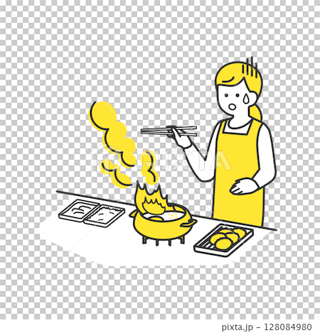 A scene where a woman was frying food in the kitchen and the oil caught fire A scene where a woman was frying food in the kitchen and the oil caught fire 128084980