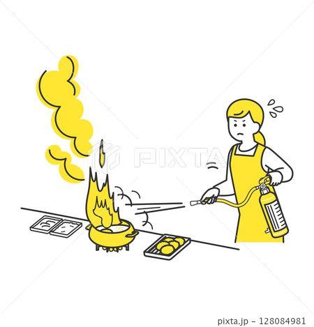 引火した揚げ油を消火器で消火する女性 128084981