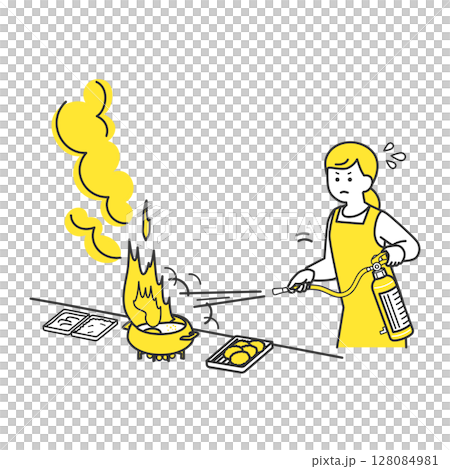 引火した揚げ油を消火器で消火する女性 128084981