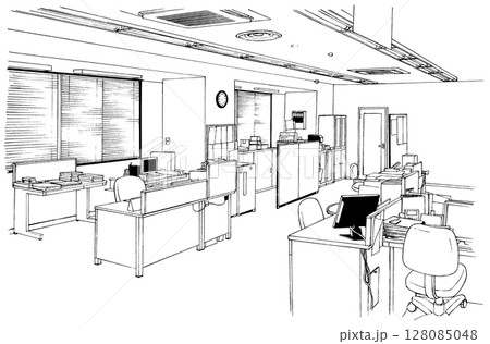 漫画風ペン画イラスト オフィス街_室内 漫画風ペン画イラスト オフィス街_室内 128085048
