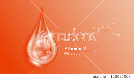 Serum drop water vitamin M orange and structure. Vitamins complex with collagen bubbles. Banner design template skin care cosmetics solution. Beauty medical concepts. Vector EPS10. 128085062