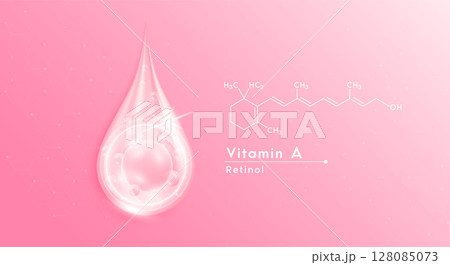 Serum drop water vitamin A pink and structure. Vitamins complex with collagen bubbles. Banner design template skin care cosmetics solution. Beauty medical concepts. Vector EPS10. Serum drop water vitamin A pink and structure. Vitamins complex with collagen bubbles. Banner design template skin care cosmetics solution. Beauty medical concepts. Vector EPS10. 128085073