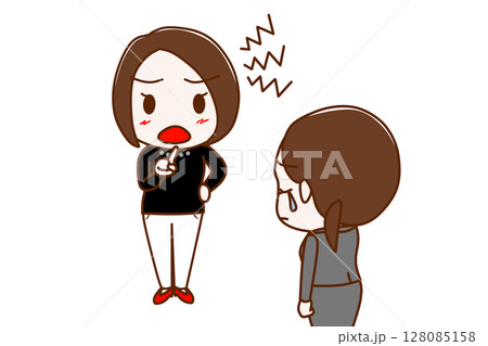 (複数)ガミガミと注意をする女性としょんぼりして涙を流すスーツ姿の女性 (複数)ガミガミと注意をする女性としょんぼりして涙を流すスーツ姿の女性 128085158