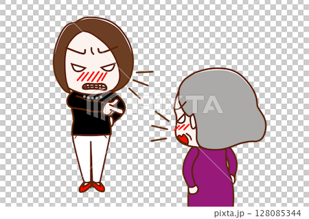 (Multiple) An angry woman pointing and yelling and an elderly woman arguing angrily against each other 128085344