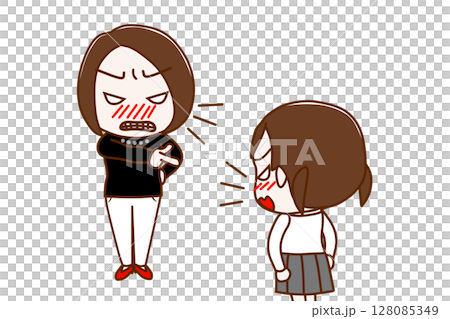 (複数)怒って指さして怒鳴る女性と怒りで対抗して言い合う女子学生 128085349