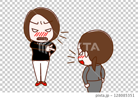 (Multiple) An angry woman pointing and yelling at someone and an angry woman in a suit arguing back and forth 128085351