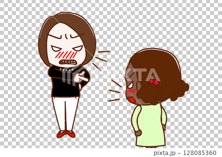 (複数)怒って指さして怒鳴る女性と怒りで対抗して言い合うアフリカ系少女 (複数)怒って指さして怒鳴る女性と怒りで対抗して言い合うアフリカ系少女 128085360