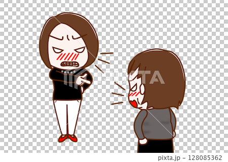 (複数)怒って指さして怒鳴る女性と怒りで対抗して言い合う太った女性 128085362