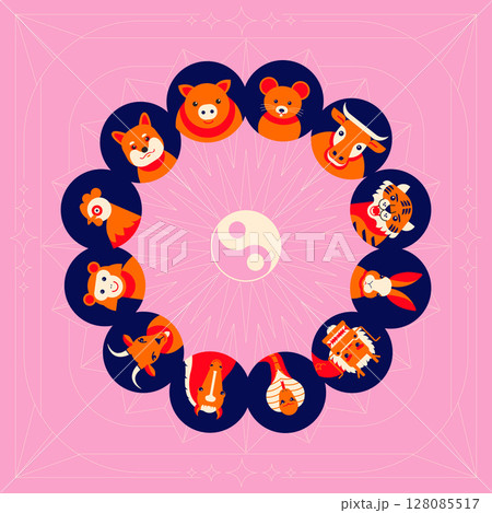 Set of Chinese zodiac mascots, cartoon character, Chinese horoscope zodiac collection,  geometric minimal flat design, symbol logo 128085517