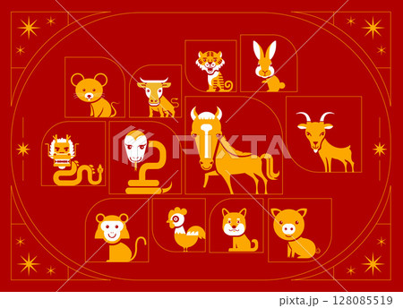 Set of Chinese zodiac mascots, cartoon character, Chinese horoscope zodiac collection,  geometric minimal flat design, symbol logo 128085519