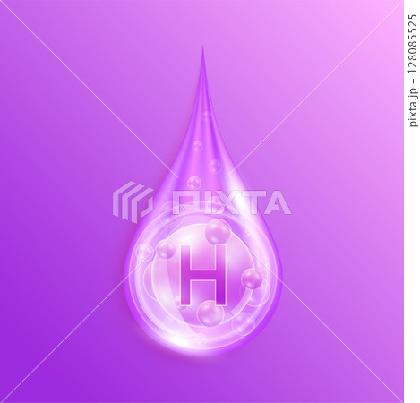 Serum drop water vitamin H purple. Vitamins complex mineral liquid with collagen oxygen bubbles. Skin care cosmetics solution design. Beauty medical concepts. 3D Realistic Vector EPS10. 128085525