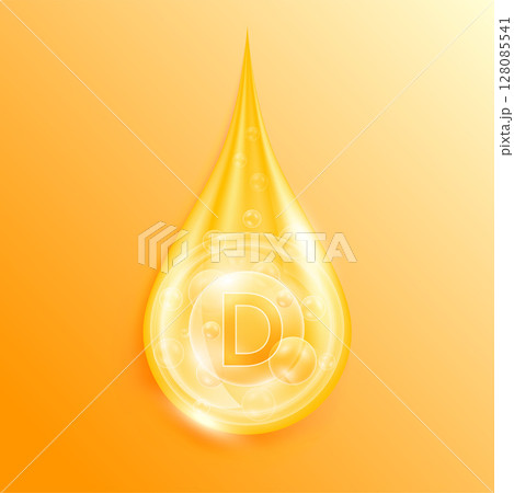 Serum drop water vitamin D orange. Vitamins complex mineral liquid with collagen oxygen bubbles. Skin care cosmetics solution design. Beauty medical concepts. 3D Realistic Vector EPS10. 128085541