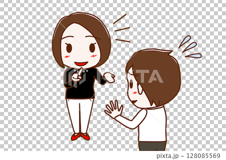 (Multiple) Smiling women trying hard to explain and a confused man trying to refuse 128085569