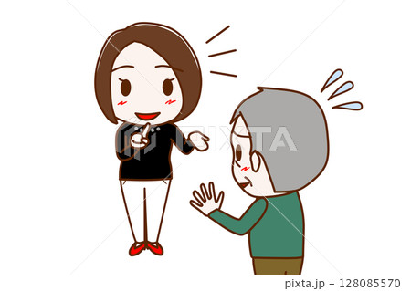 (複数)笑顔で一生懸命説明する女性と焦って断ろうと困惑している高齢の男性 128085570