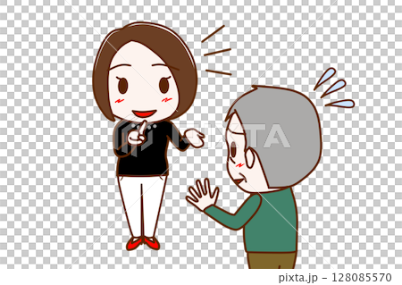 (Multiple) A woman smiling and trying her best to explain something and an elderly man panicking and trying to refuse 128085570