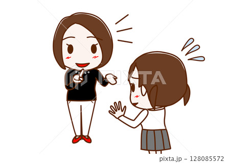 (複数)笑顔で一生懸命説明する女性と焦って断ろうと困惑している女子学生 128085572