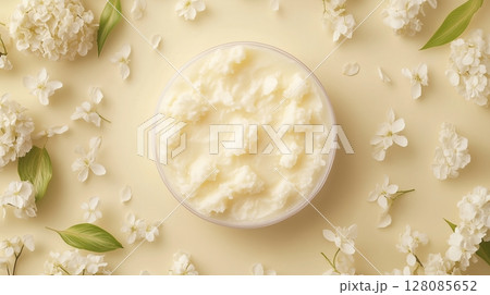 Shea butter on bowl with flower decoration 128085652