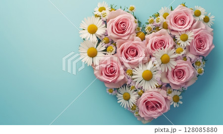 Chamomile and pink rose flowers are arranged in a heart-shaped arrangement flat lay view 128085880